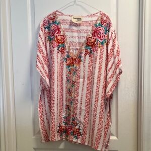 Saivana Striped Floral Embroidered Tunic - Red and White
